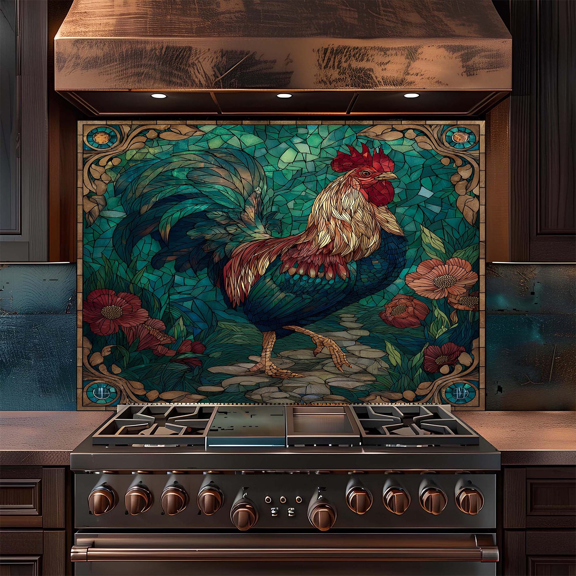 Stainless steel stove with decorative mosaic glass backsplash featuring a rooster in a kitchen setting