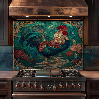 Stainless steel stove with decorative mosaic glass backsplash featuring a rooster in a kitchen setting