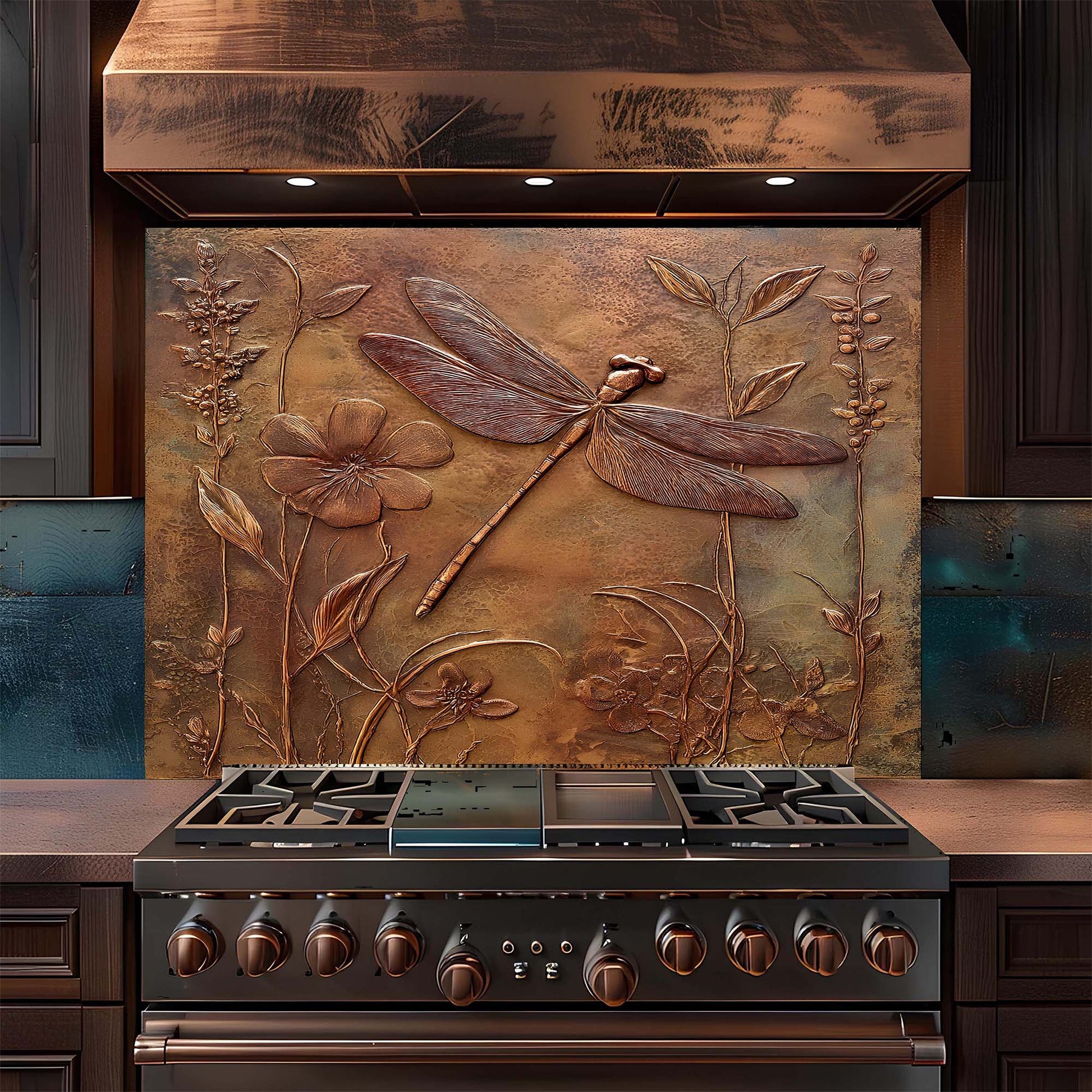 Stainless steel stove with decorative copper look glass backsplash featuring floral and dragonfly designs.