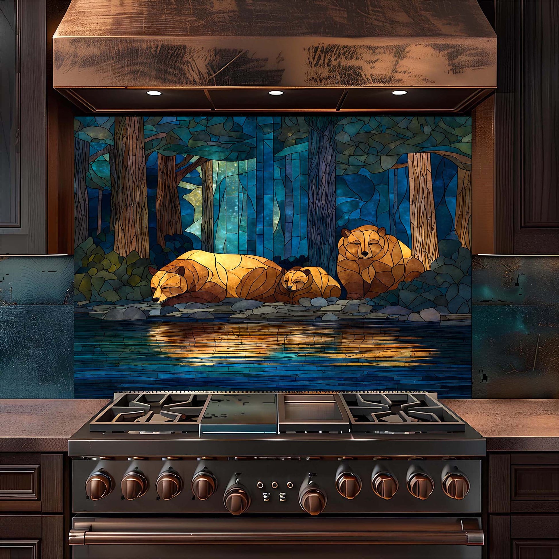 Stainless steel stove with a decorative glass backsplash featuring bears in a forest scene.