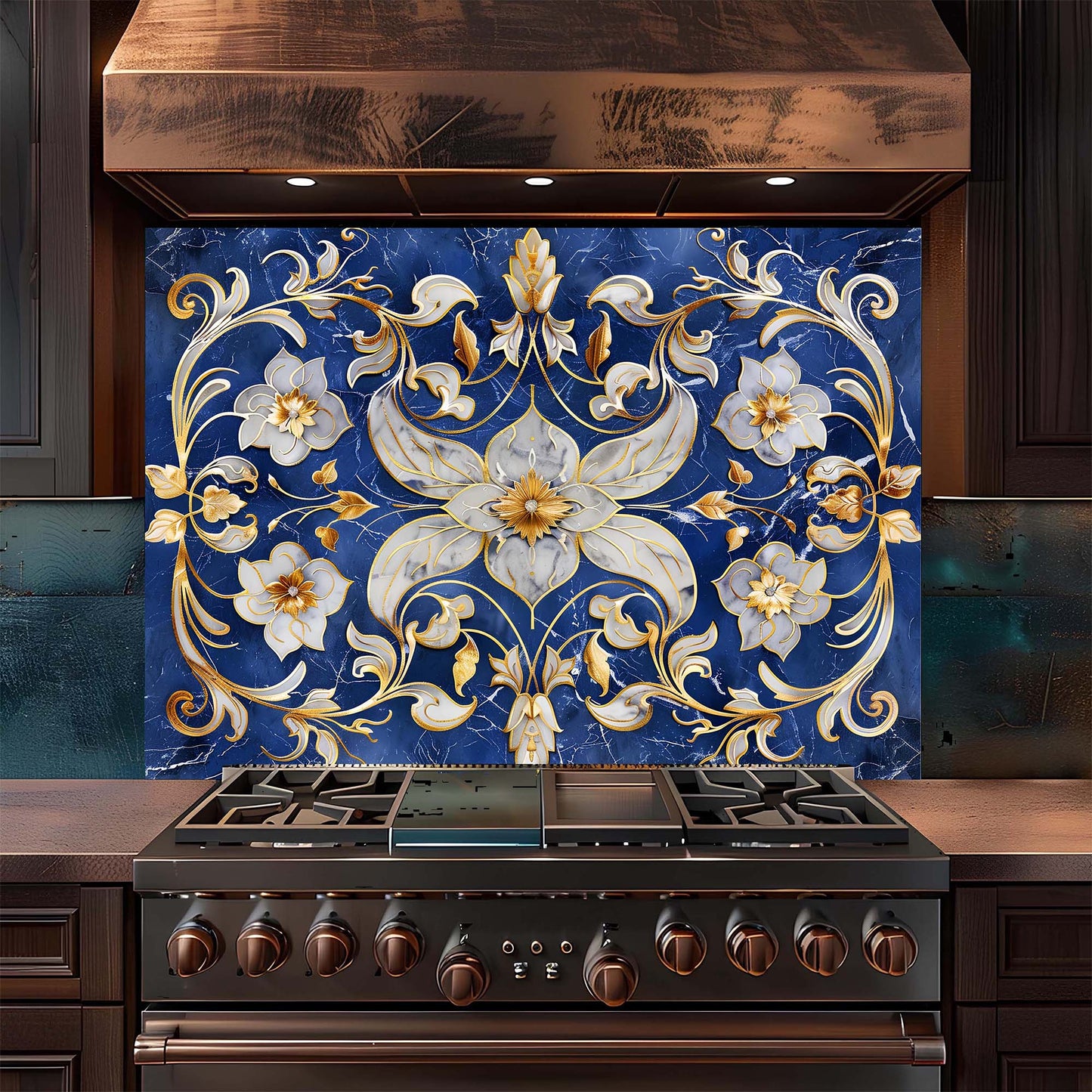 Decorative floral backsplash above a stove in a kitchen setting