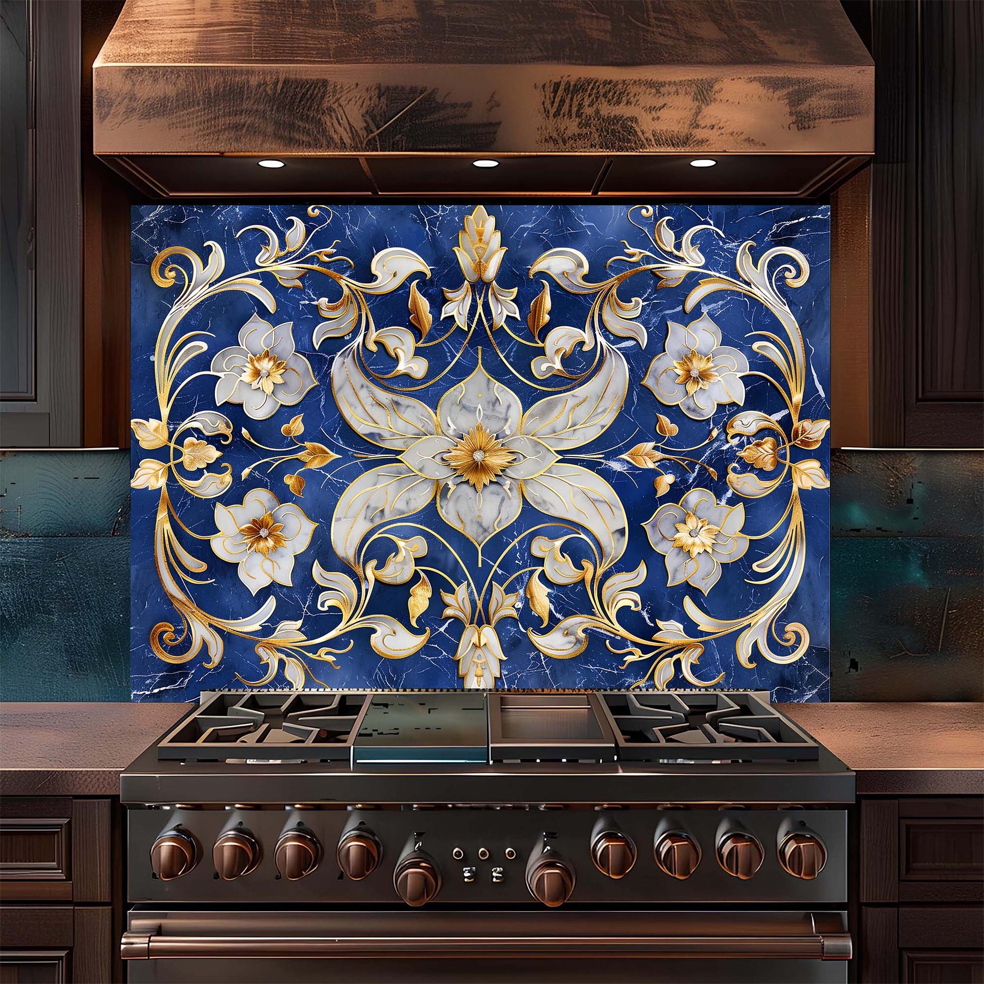 Decorative floral backsplash above a stove in a kitchen setting