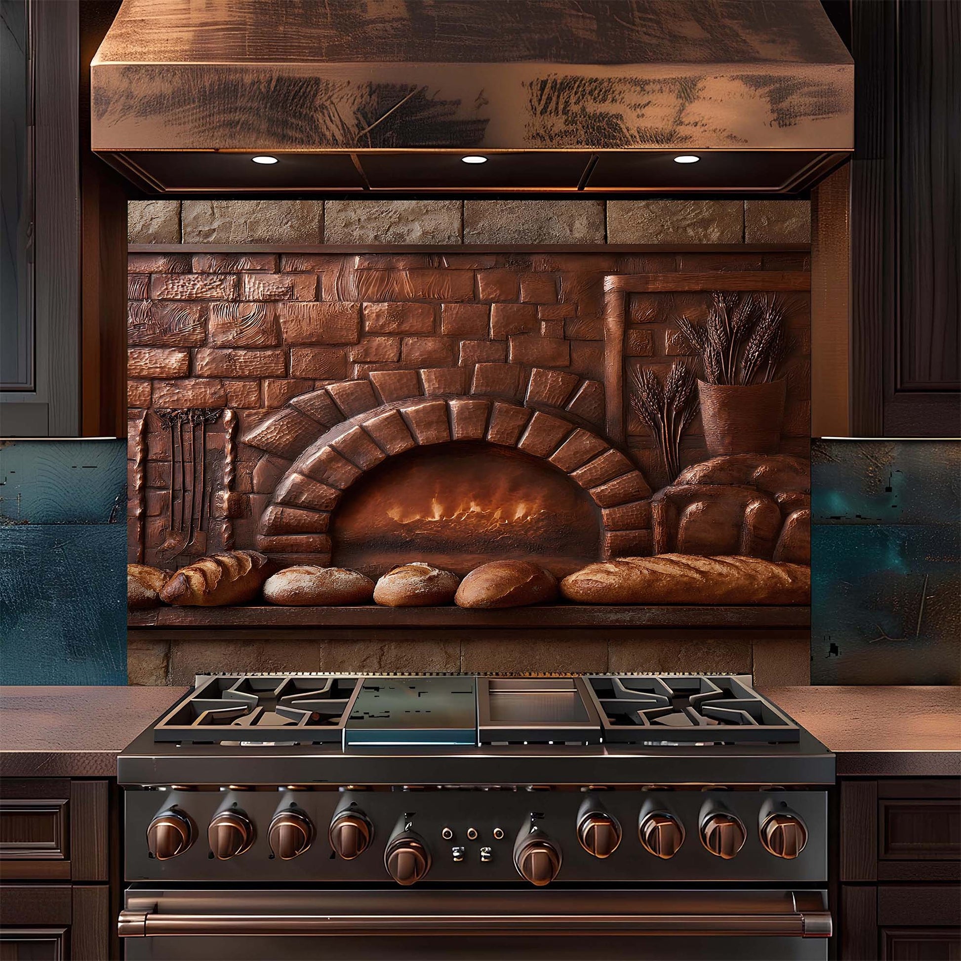 Stainless steel stove with copper accents glass backsplash in a kitchen setting