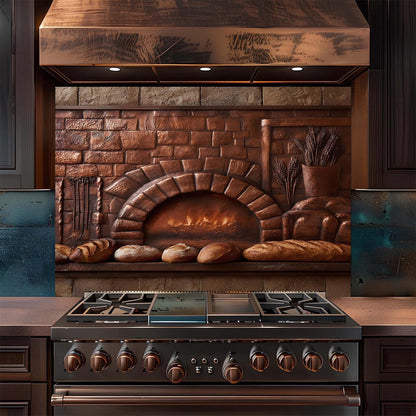 Stainless steel stove with copper accents glass backsplash in a kitchen setting