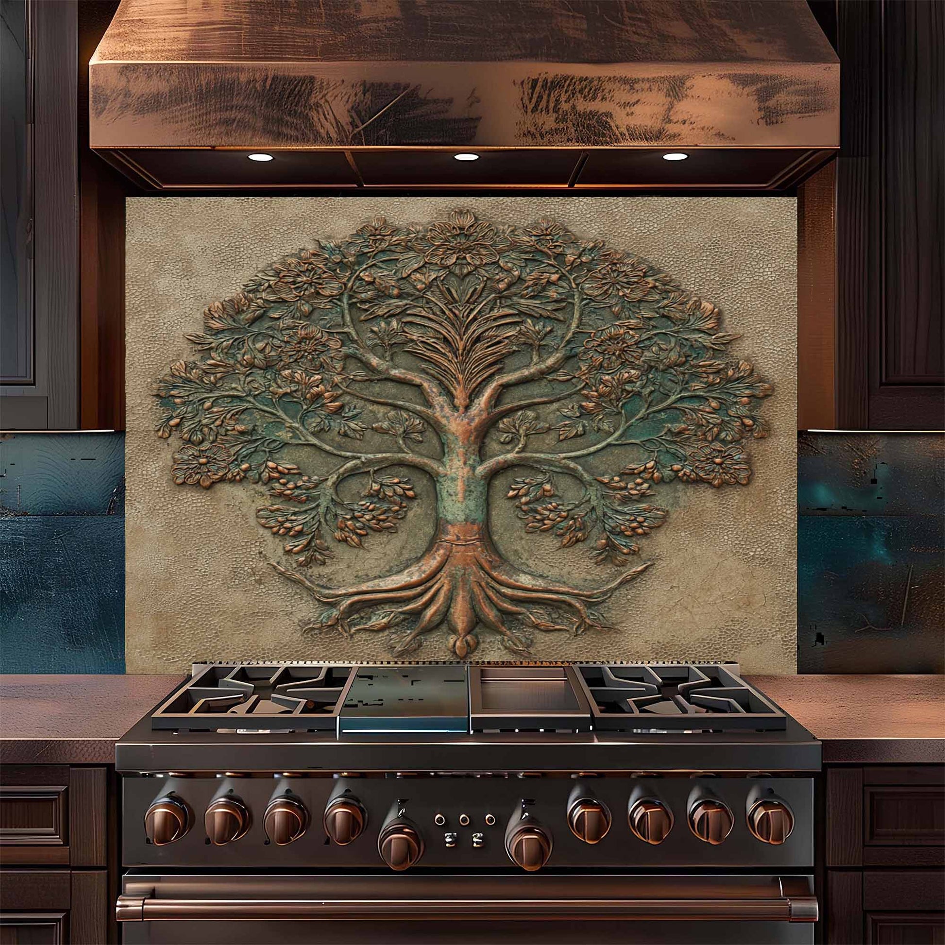 Stainless steel stove with decorative backsplash featuring a tree design in a kitchen setting.