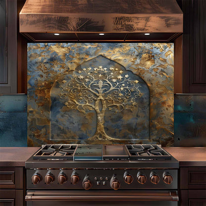 Stainless steel stove with decorative glass splashback featuring a tree design in a kitchen setting.