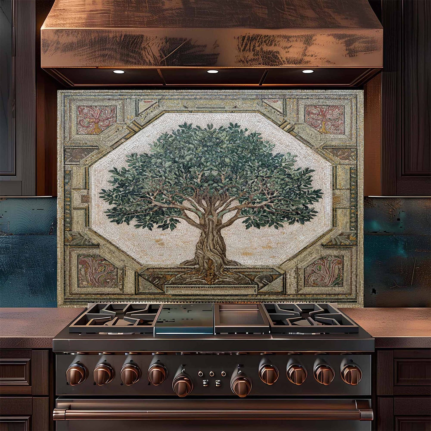 Stainless steel stove with decorative mosaic backsplash featuring a tree in a kitchen setting