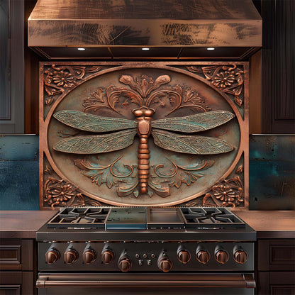 Decorative copper look glass backsplash on a kitchen stove