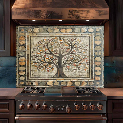 Stainless steel stove with decorative mosaic backsplash featuring a tree design.