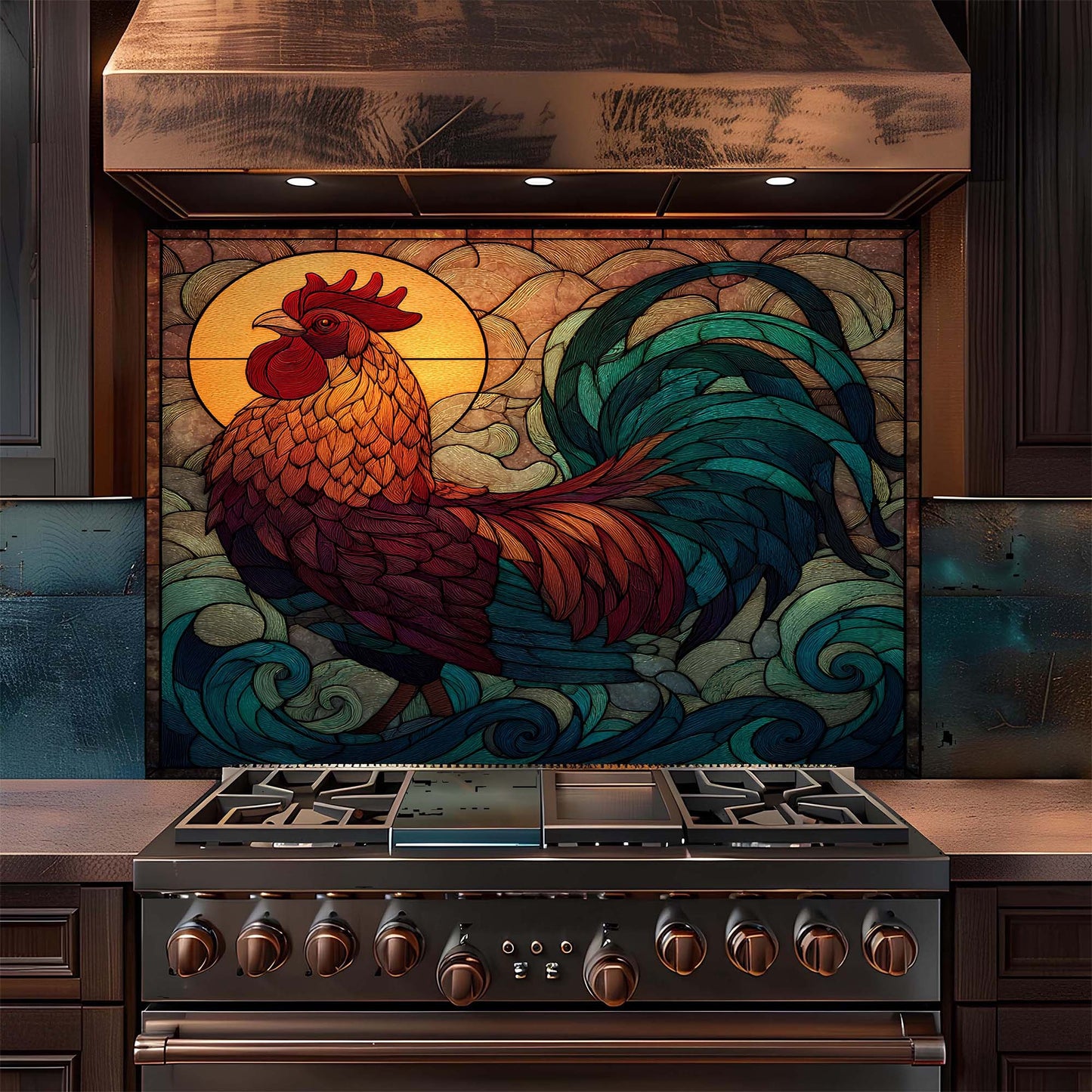 Stainless steel stove with a decorative rooster backsplash in a kitchen setting