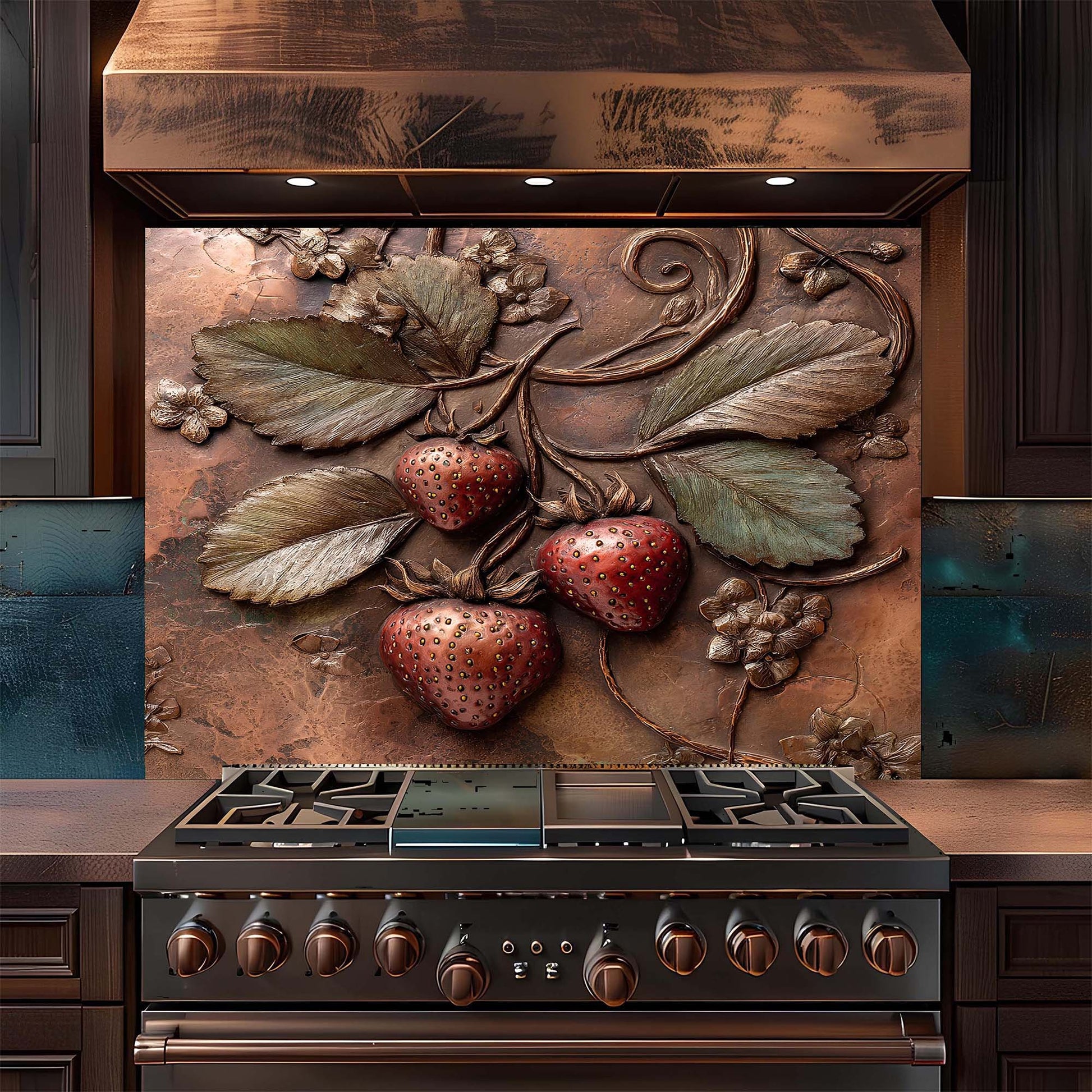 Stainless steel stove with decorative copper look glass backsplash featuring strawberries and leaves.