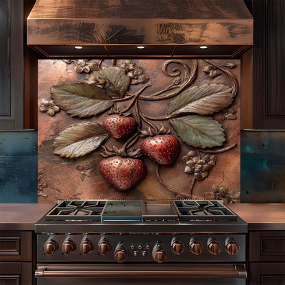 Stainless steel stove with decorative copper look glass backsplash featuring strawberries and leaves.