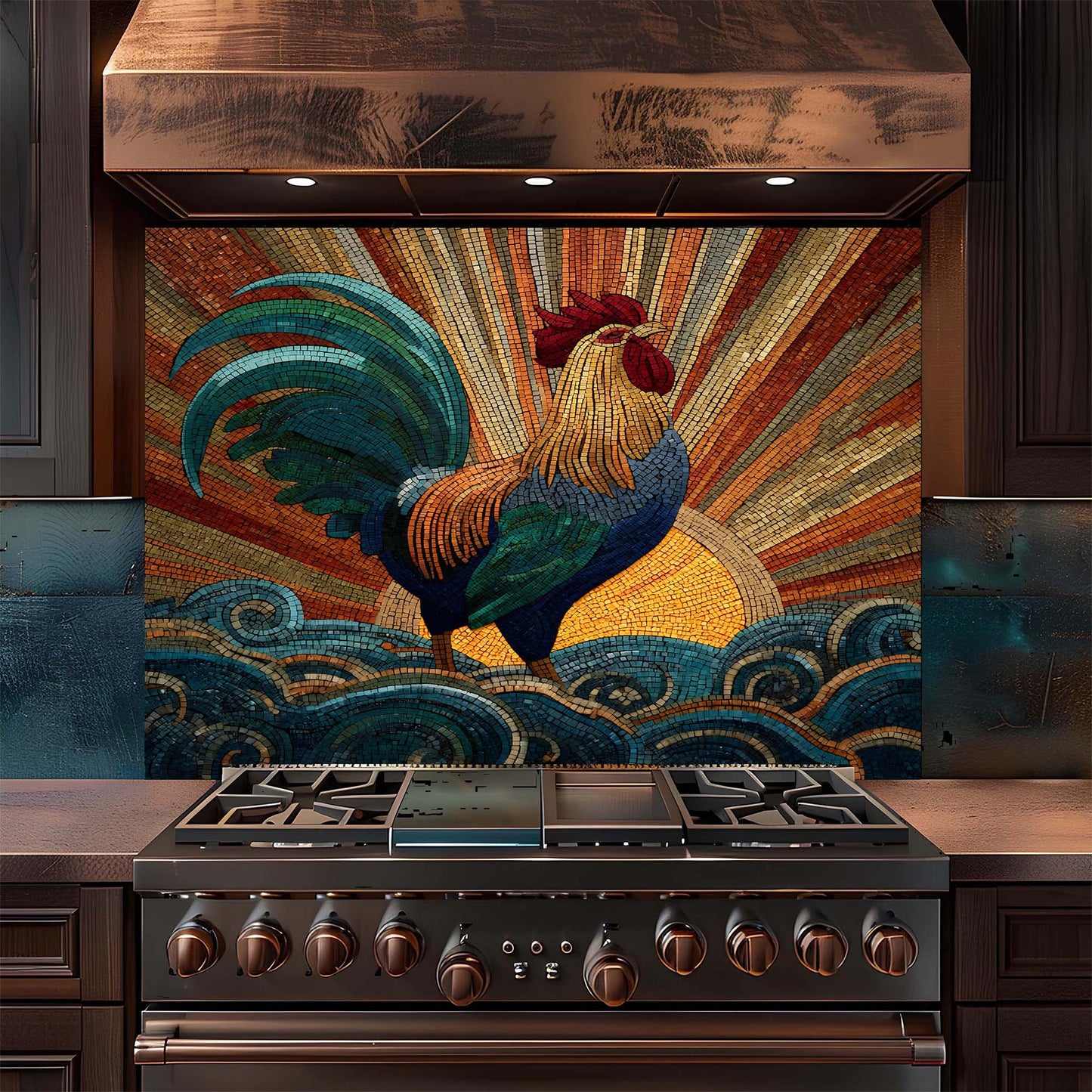 Mosaic rooster with radiant sunrise and swirling waves on tempered glass backsplash