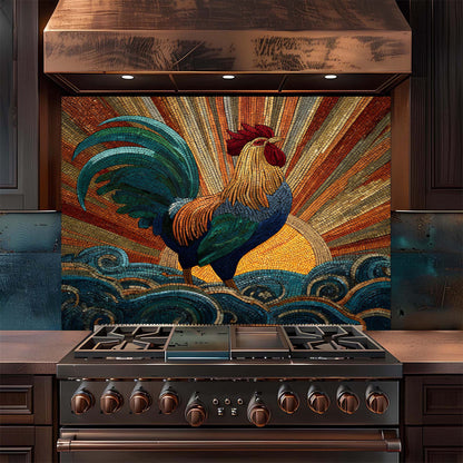 Mosaic rooster with radiant sunrise and swirling waves on tempered glass backsplash