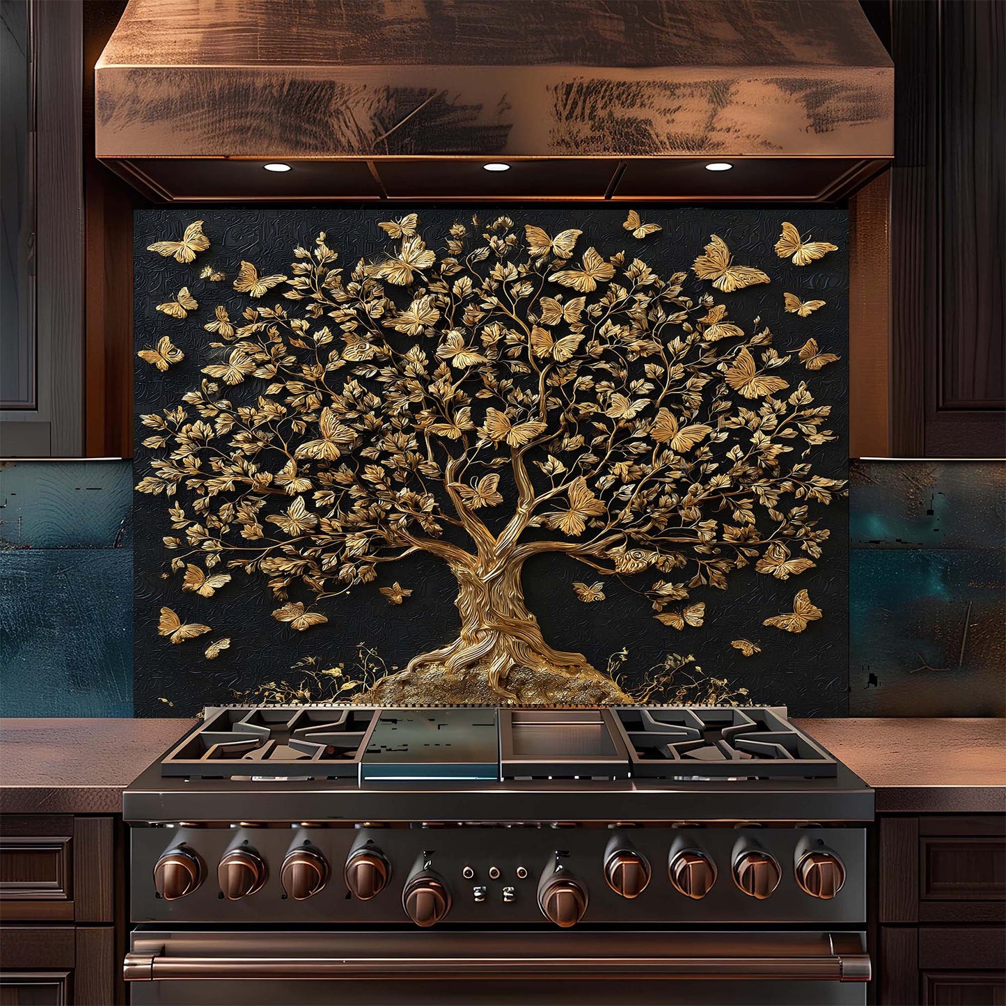 Stainless steel stove with decorative butterfly and tree design on a black backsplash