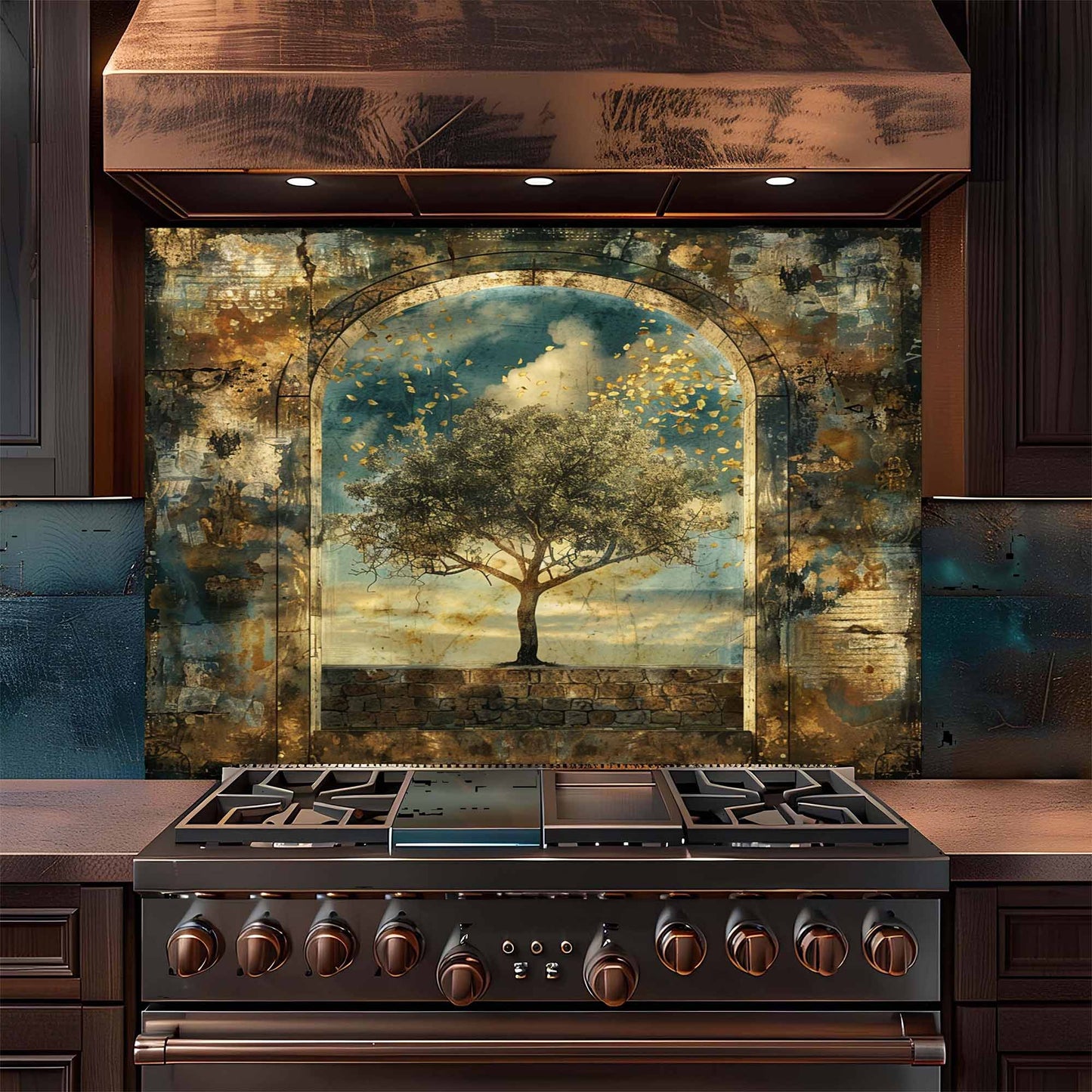 Stainless steel stove with decorative backsplash featuring a tree and archway.