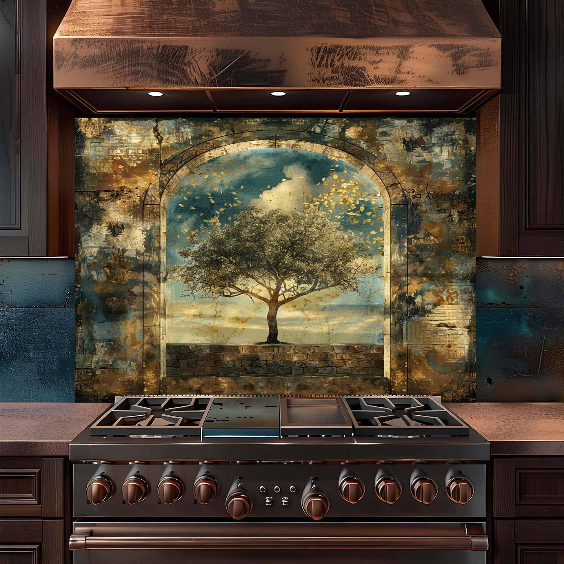 Stainless steel stove with decorative backsplash featuring a tree and archway.