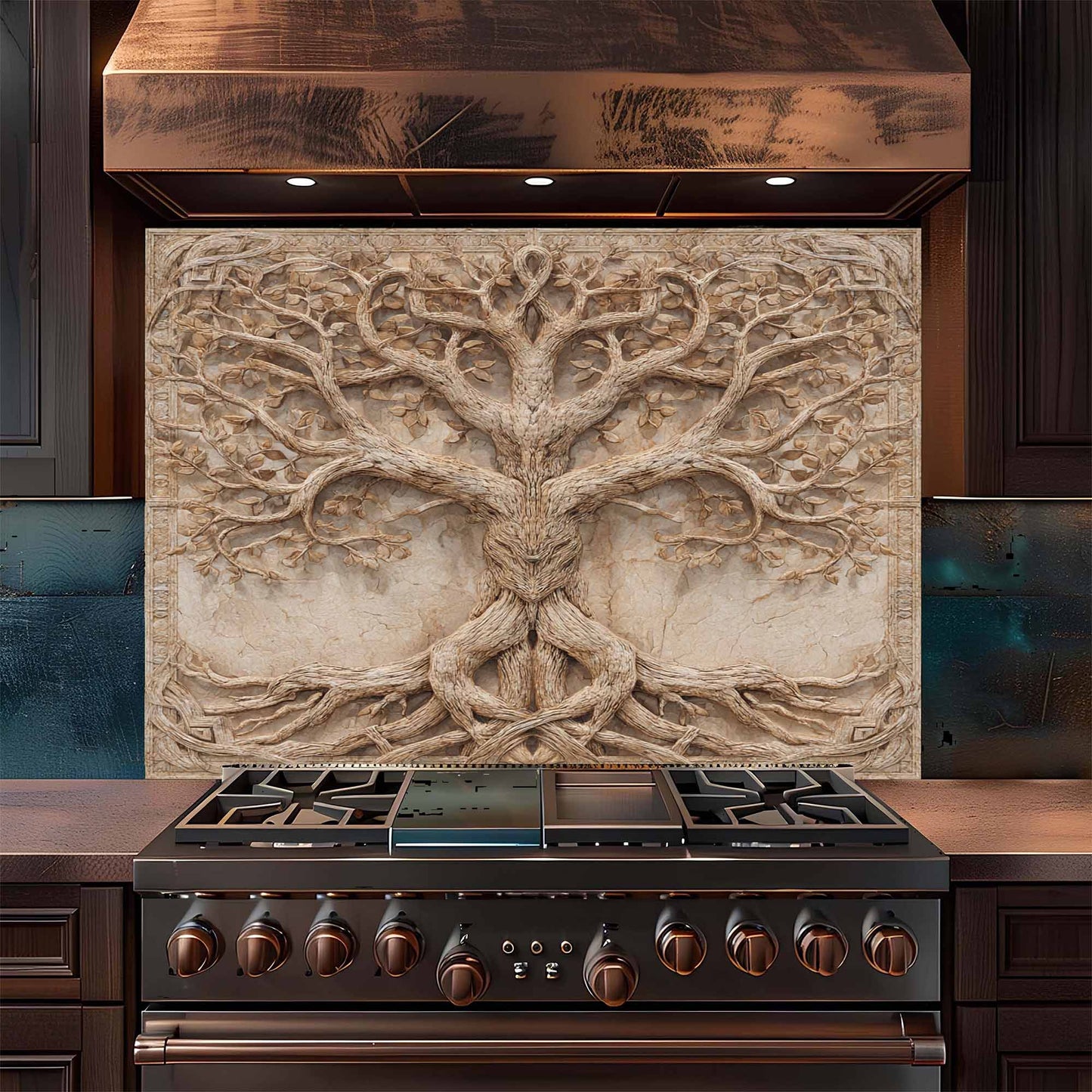 Stainless steel stove with decorative tree backsplash above it in a kitchen setting.