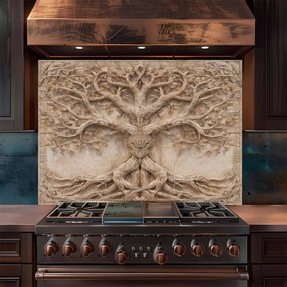 Stainless steel stove with decorative tree backsplash above it in a kitchen setting.