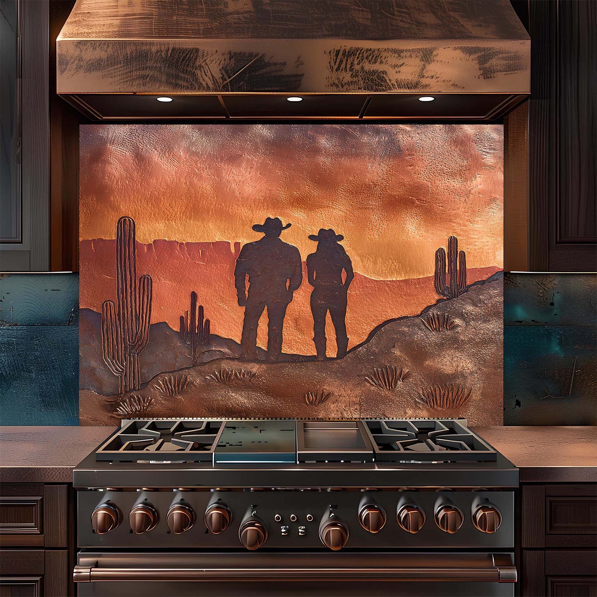 Stainless steel stove with a decorative glass backsplash featuring two cowboys and cacti.