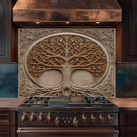 Decorative glass backsplash above a stove with intricate tree design