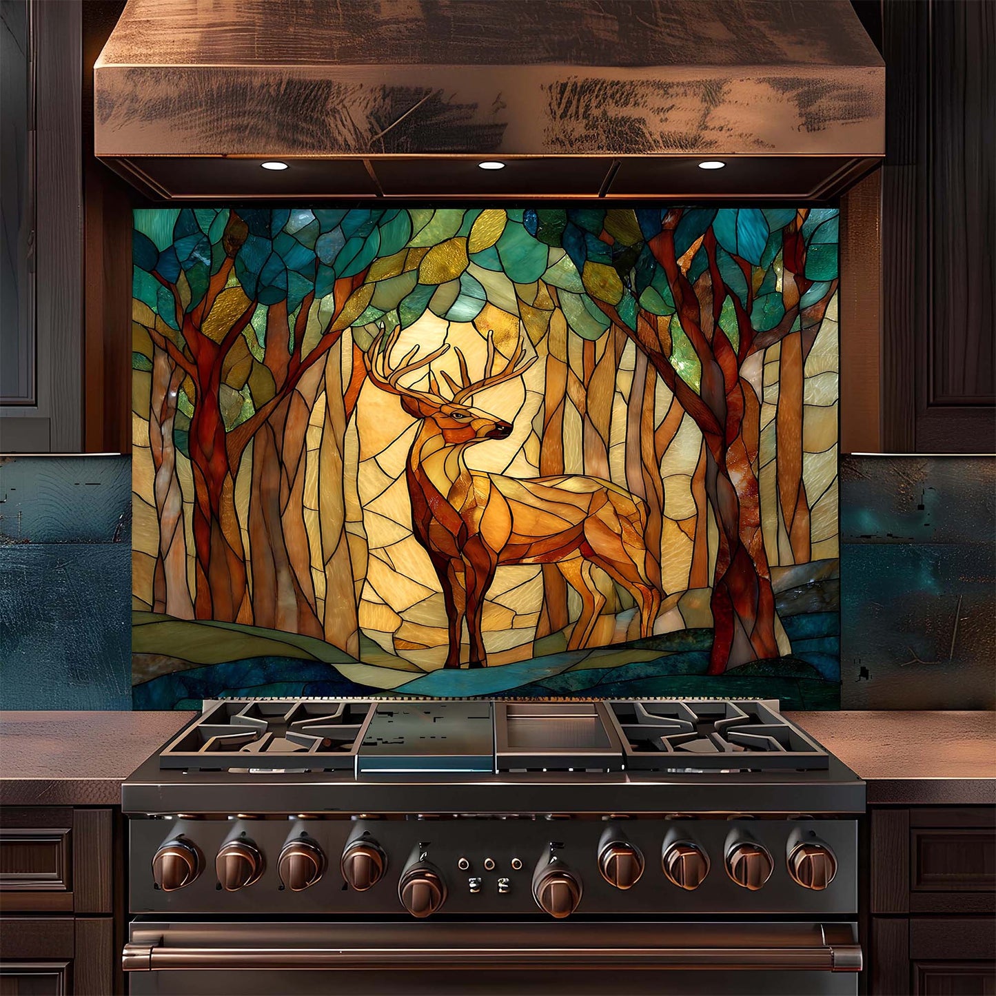 Stainless steel stove with a decorative glass backsplash featuring a deer in a forest design.