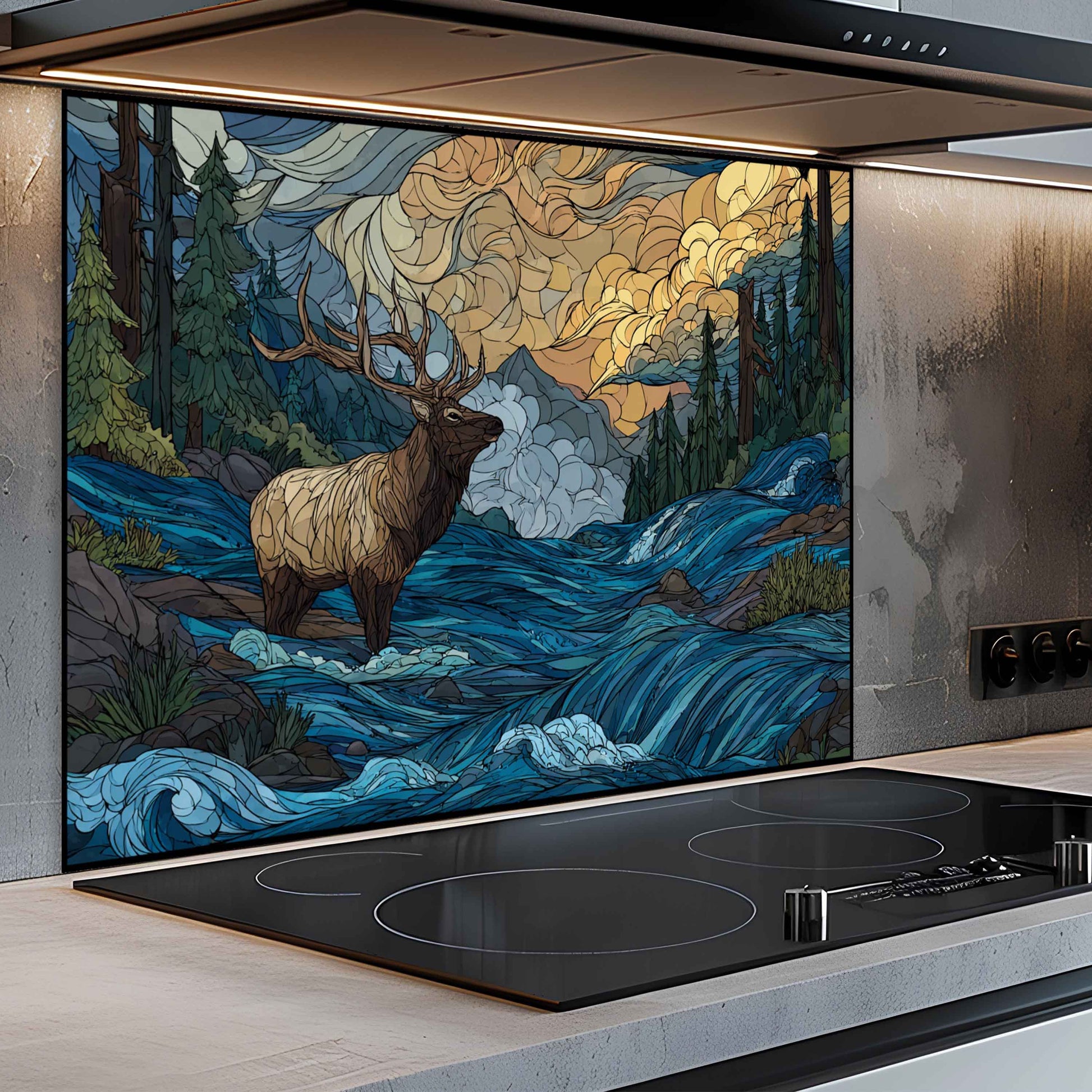 Kitchen with a decorative glass splashback featuring an elk in a forest scene.