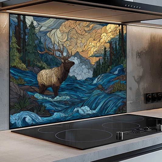 Kitchen with a decorative glass splashback featuring an elk in a forest scene.