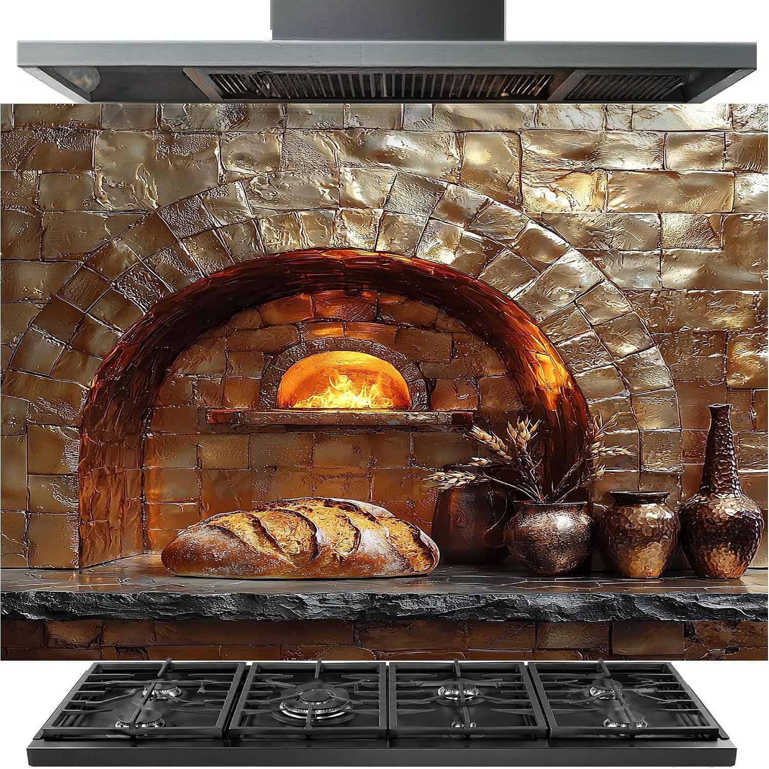Stone oven with bread and pots in a kitchen setting