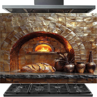 Stone oven with bread and pots in a kitchen setting