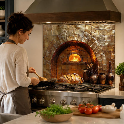 Woman cooking bread in a wood-fired oven in a kitchen.