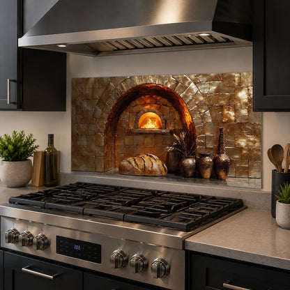 Modern kitchen with stainless steel stove and decorative stone oven backsplash.