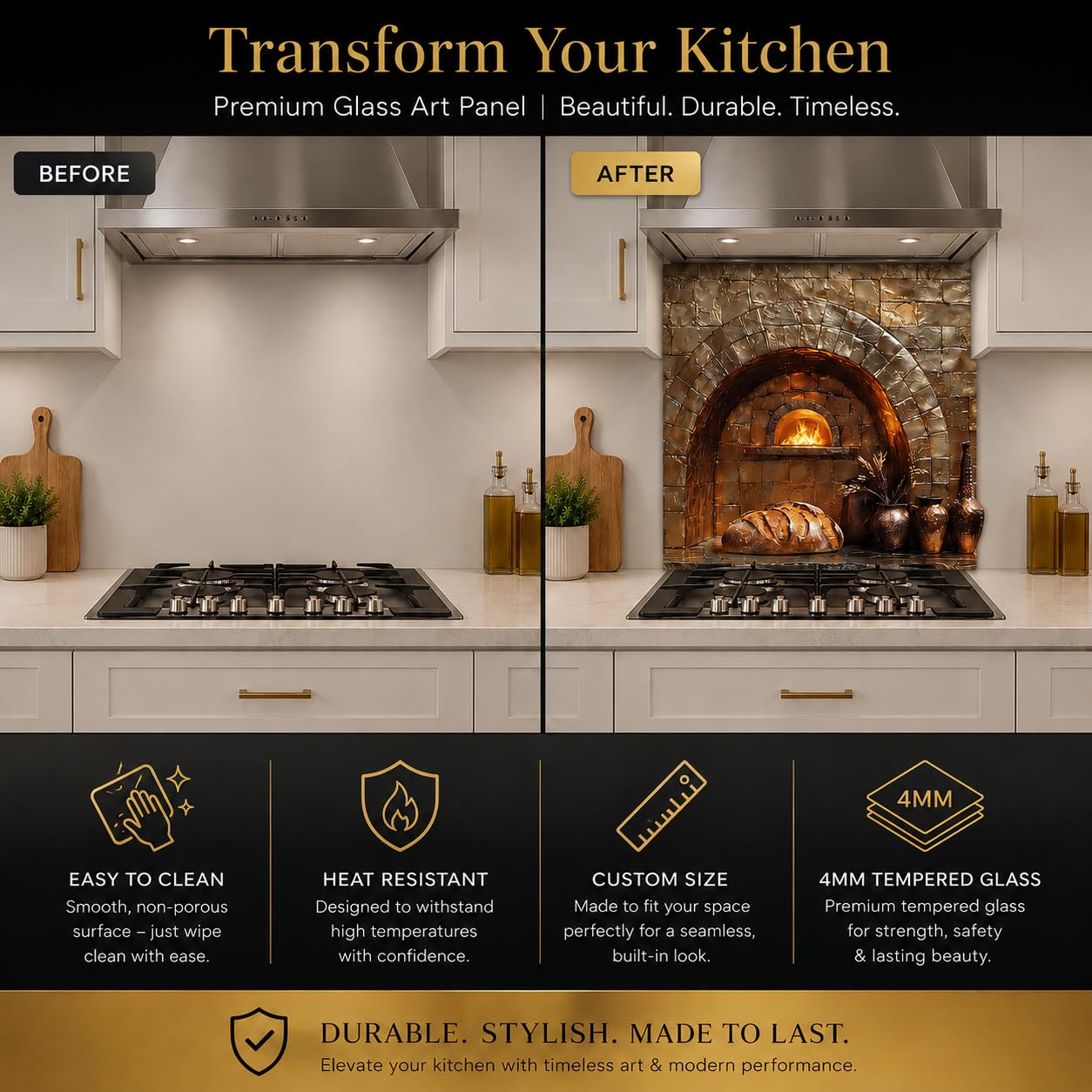 Before and after comparison of a kitchen with a glass art panel, highlighting features and benefits.