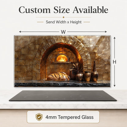 Faux stone wall mural with bread and vases on a kitchen countertop, showing customizable size and 4mm tempered glass option.