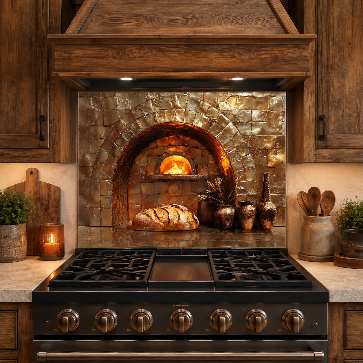 Stainless steel gas stove in a rustic kitchen with wooden cabinets and stone oven.