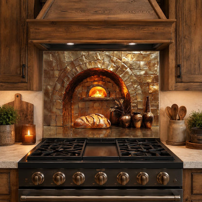 Stainless steel gas stove in a rustic kitchen with wooden cabinets and stone oven.