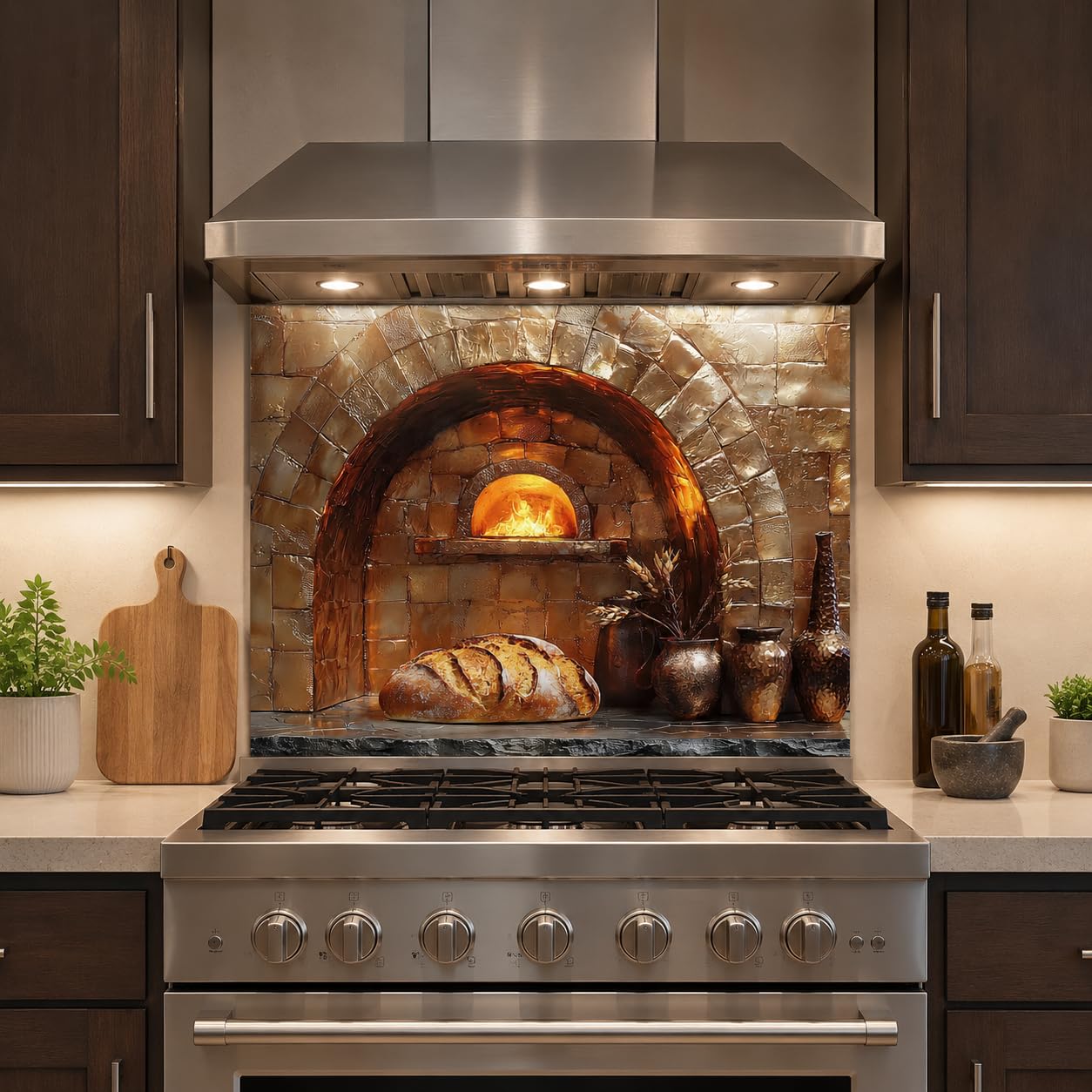 Stainless steel oven with decorative brick arch and bread display in a kitchen setting.