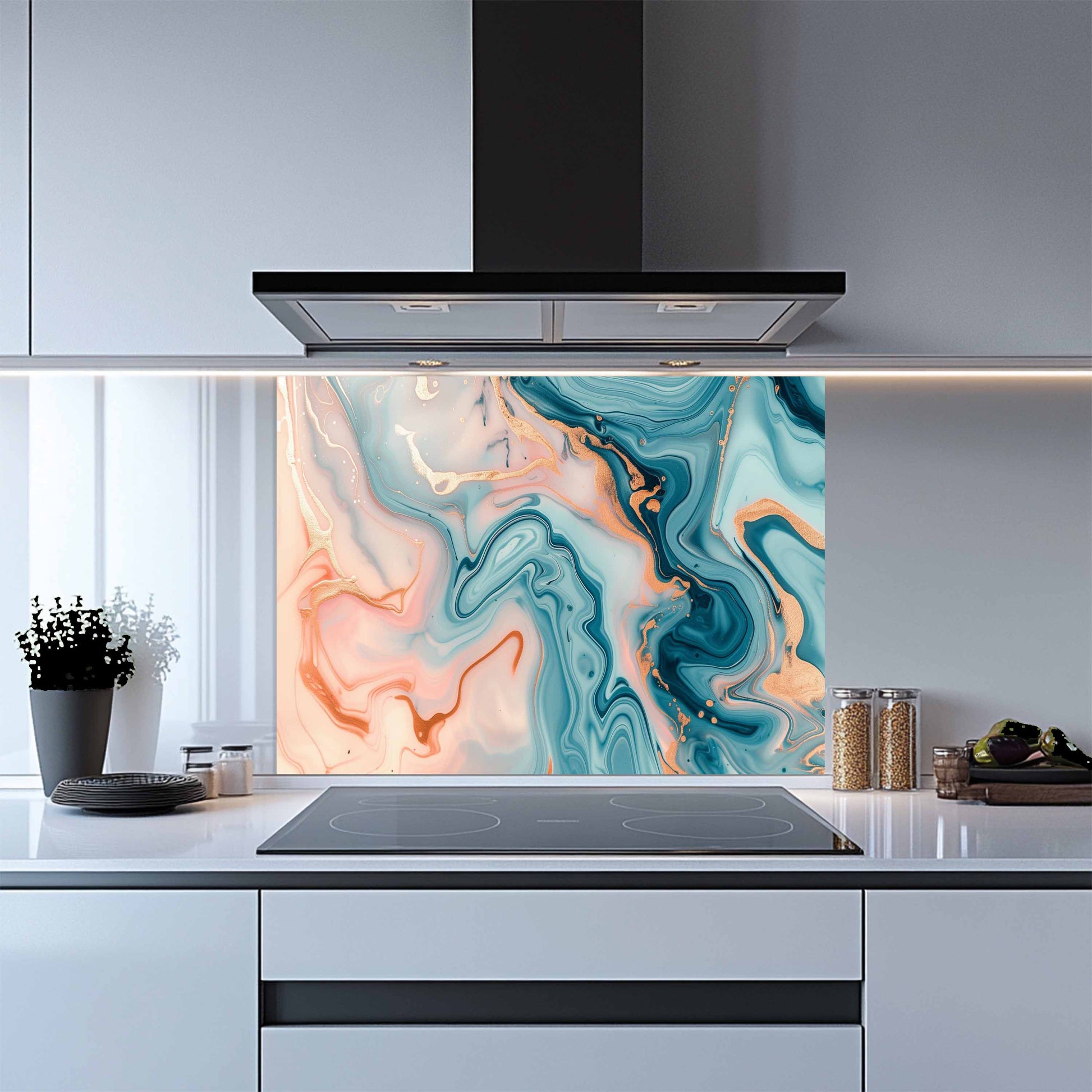 Modern kitchen with a colorful abstract design on a glass splashback.