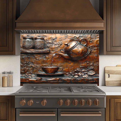 Decorative backsplash with a teapot design above a stove in a kitchen.