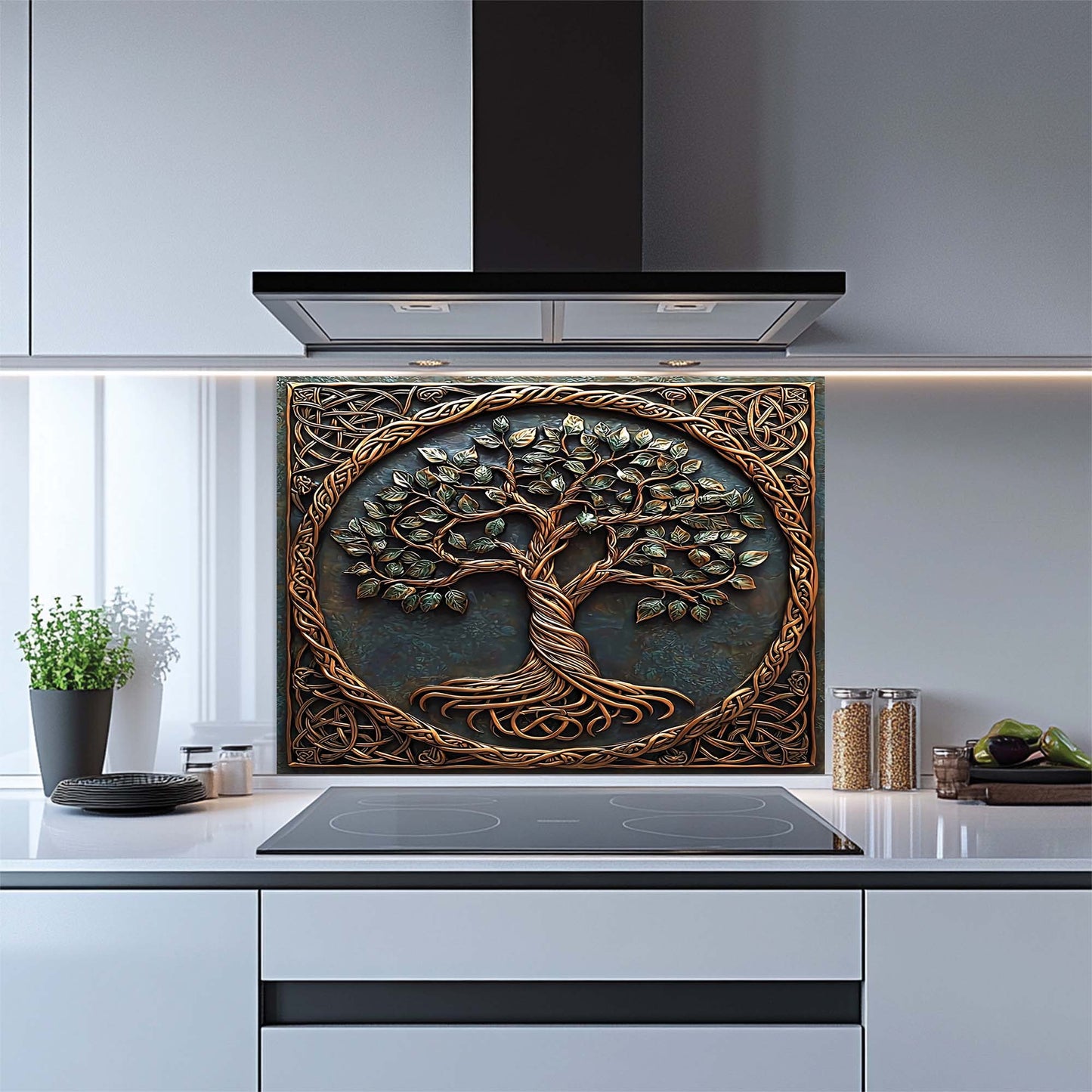 Decorative glass backsplash with a tree design in a modern kitchen.