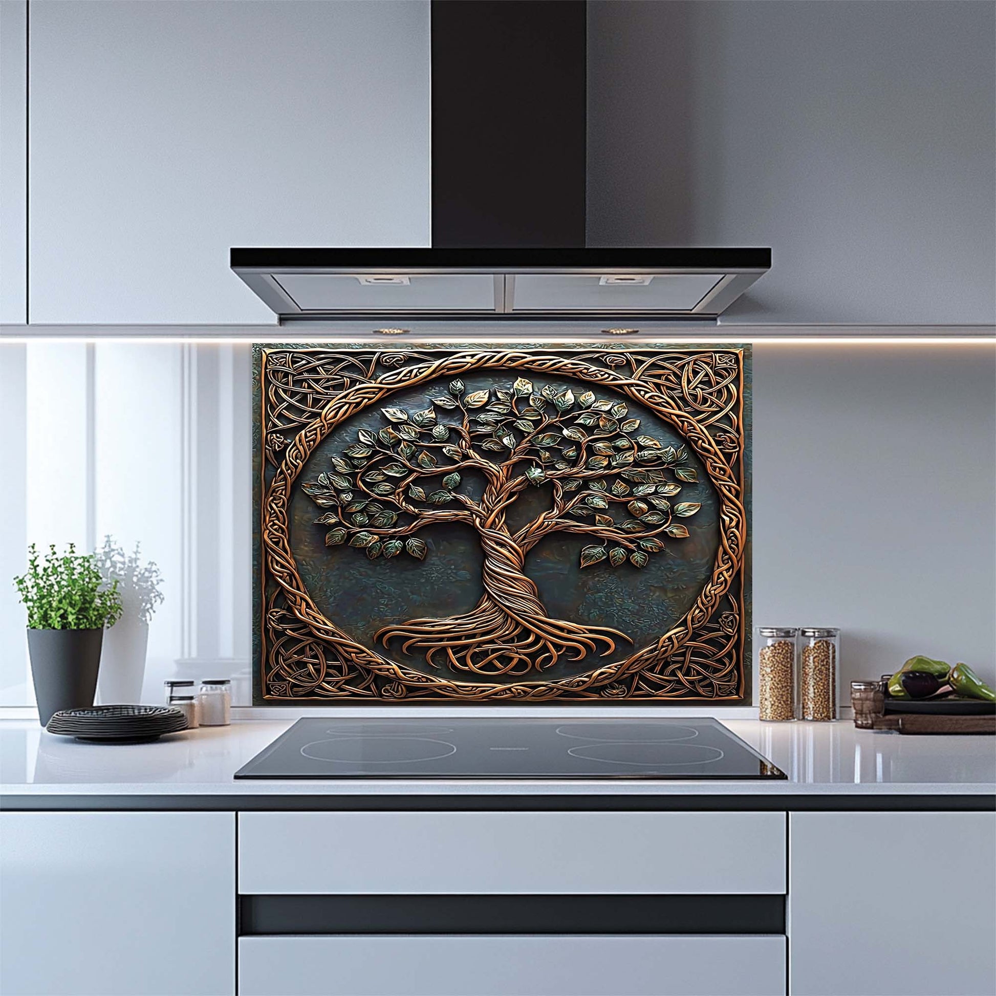 Decorative glass backsplash with a tree design in a modern kitchen.