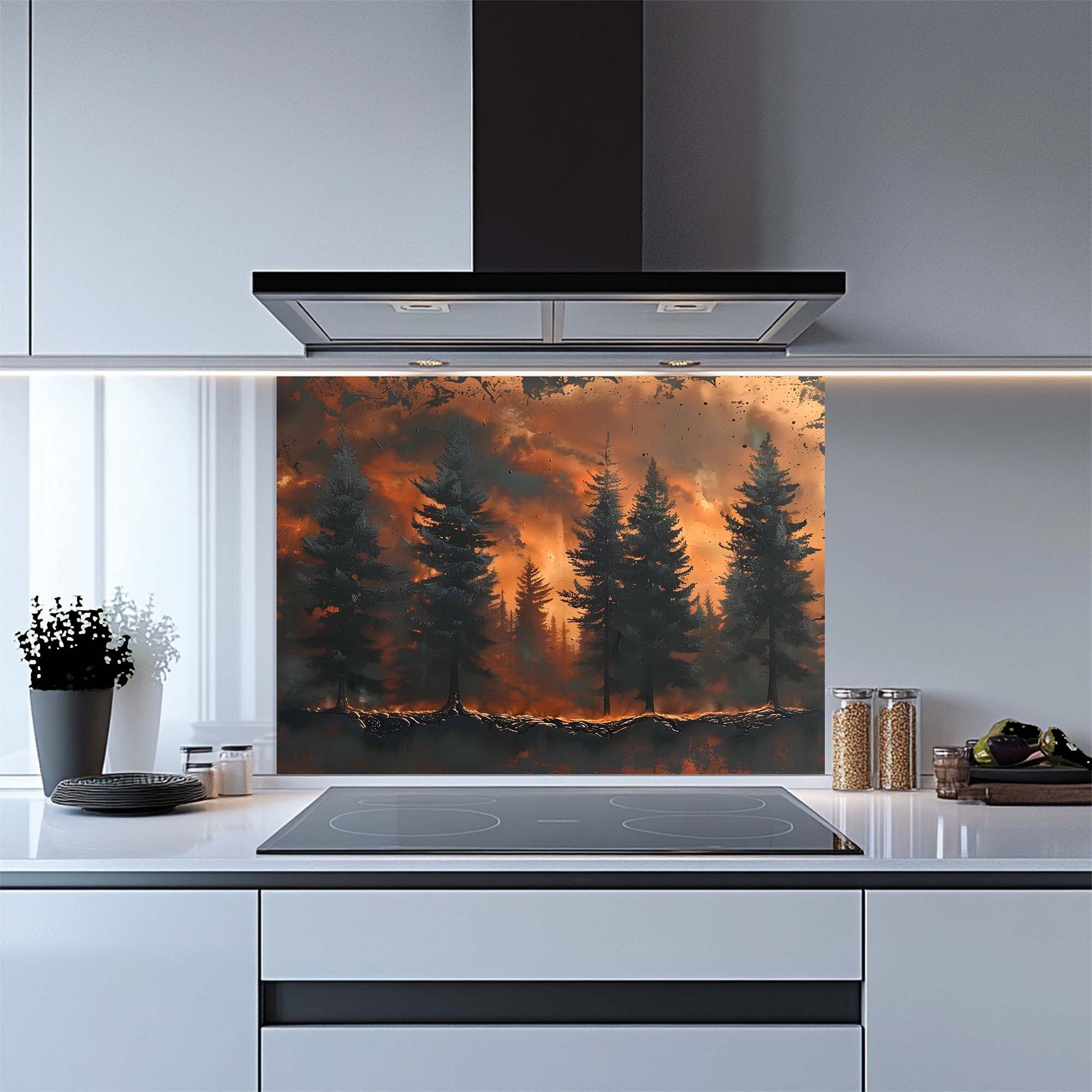 Kitchen with a decorative glass splashback featuring a forest scene.