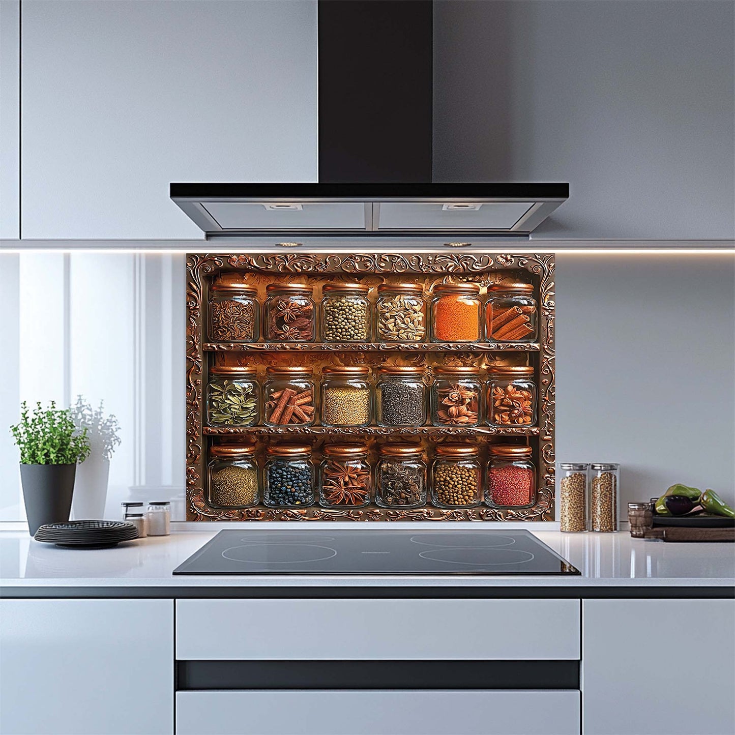 Decorative backsplash with jars of spices in a modern kitchen