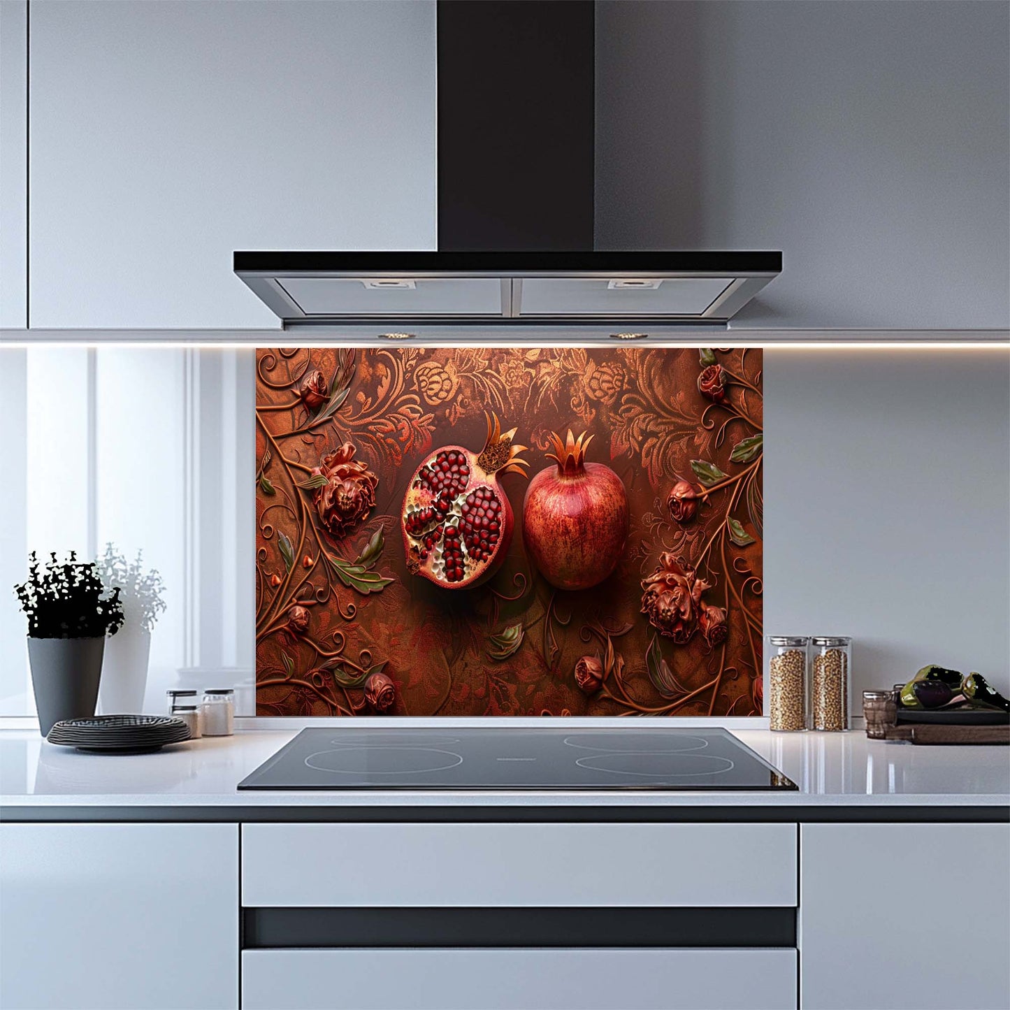 Kitchen with a decorative backsplash featuring pomegranates and floral patterns.