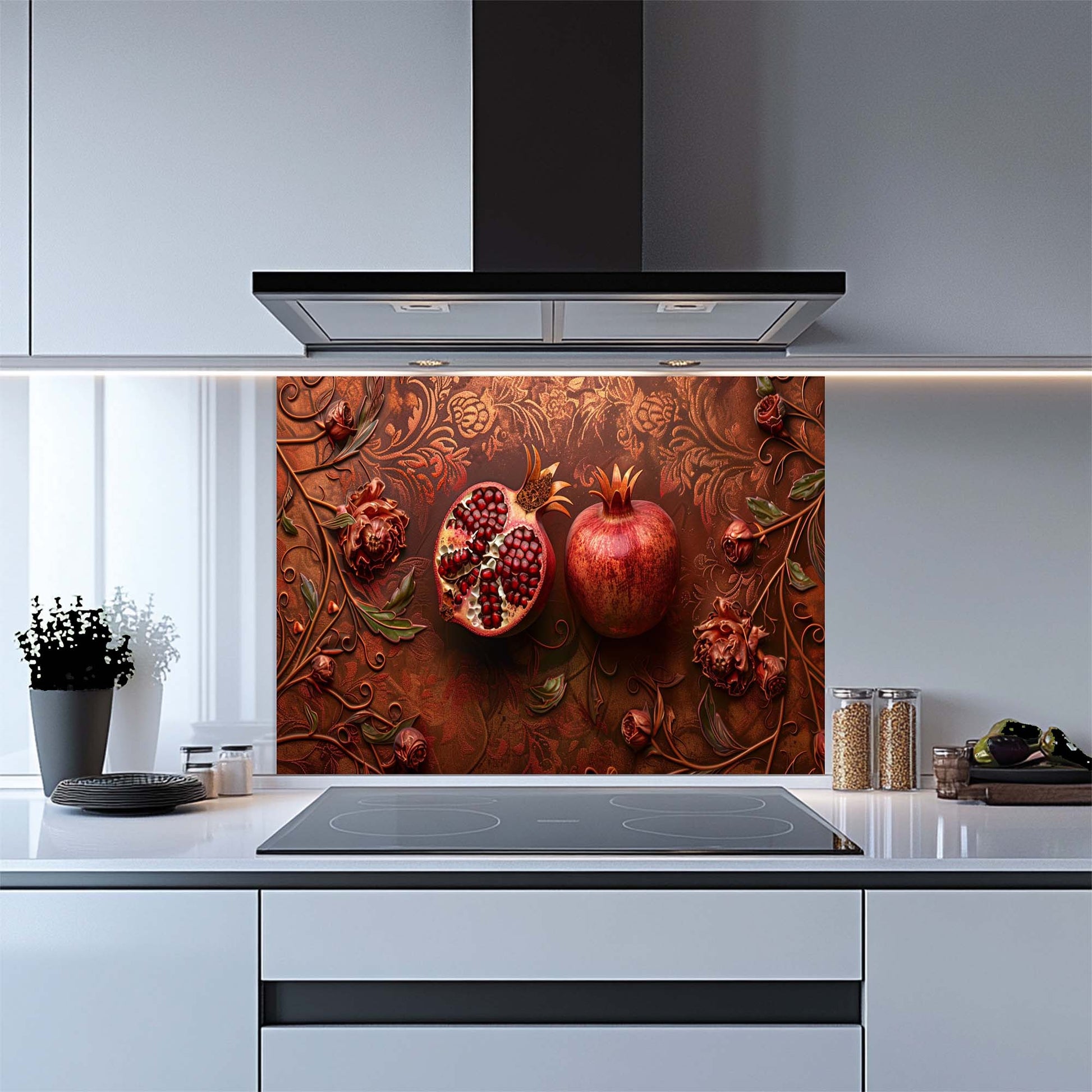 Kitchen with a decorative backsplash featuring pomegranates and floral patterns.