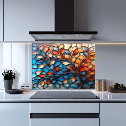 Kitchen with a colorful glass splashback panel above a stove.