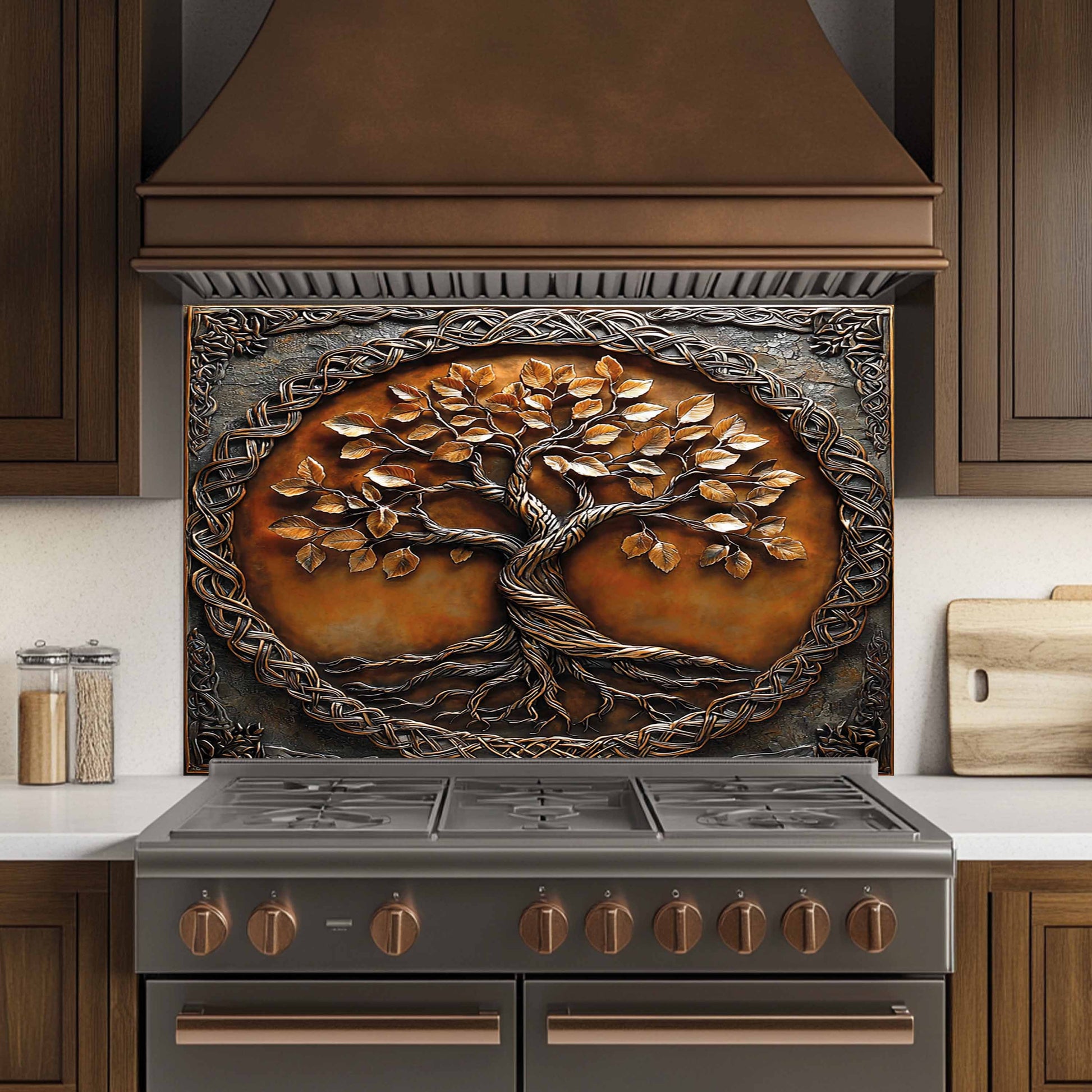 Tempered glass backsplash with a tree design above a stove in a kitchen.