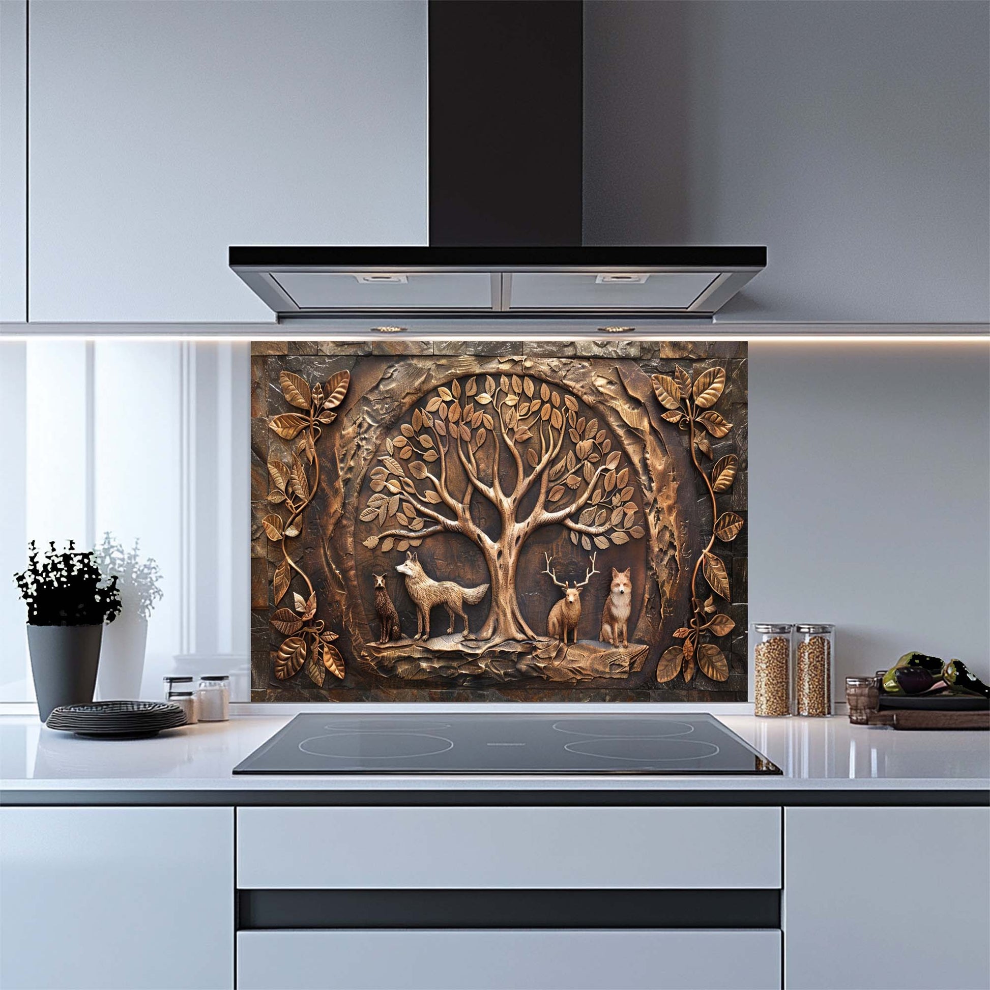 Decorative glass backsplash with nature design in a modern kitchen