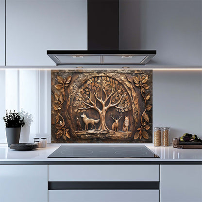 Decorative glass backsplash with nature design in a modern kitchen