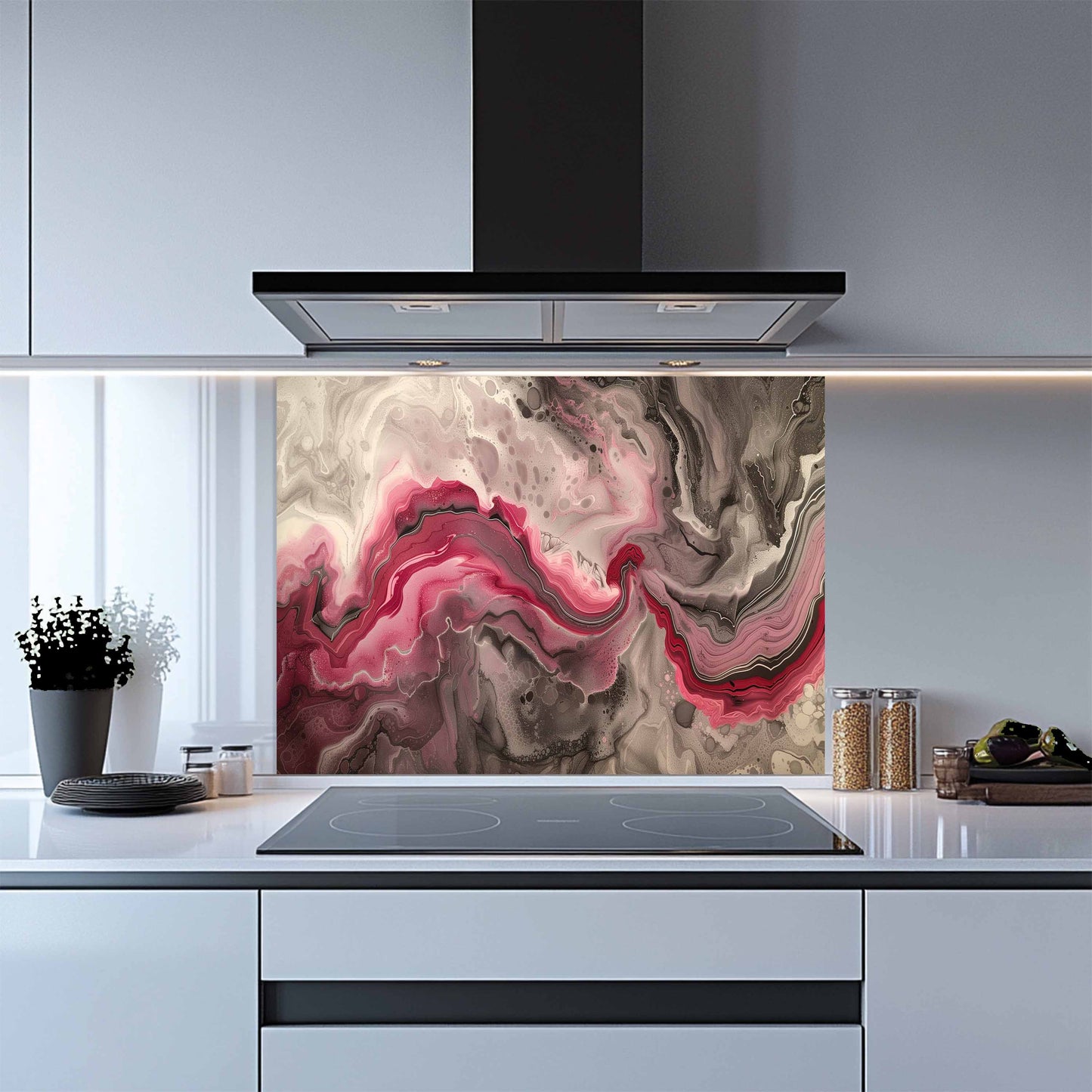 Kitchen with a modern design featuring a glass splashback with abstract pink and gray pattern.